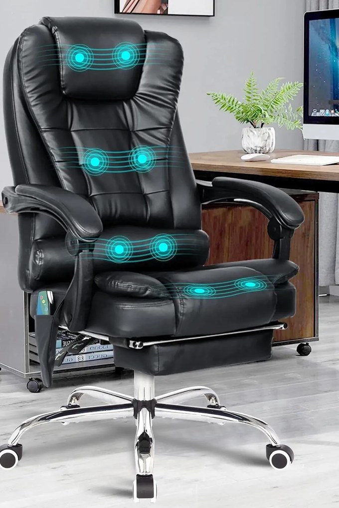 Scaun directorial cu Masaj si Incalzire, functie sezlong, suport picioare, piele PU, Negru