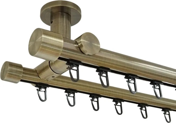 Galerie dublă CAPACEL 25/19 mm aur antic – țeavă profil cu canal, prindere tavan (Alege marime: 300 cm)