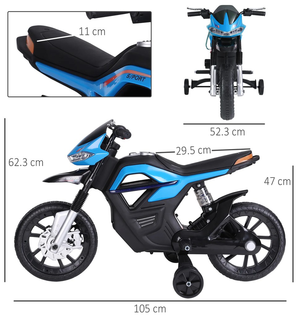 HOMCOM Motocicleta Electrică Copii cu Suspensie Dublă și Muzică și Lumini pentru Copii de la 3 la 8 ani Albastru Deschis | Aosom Romania