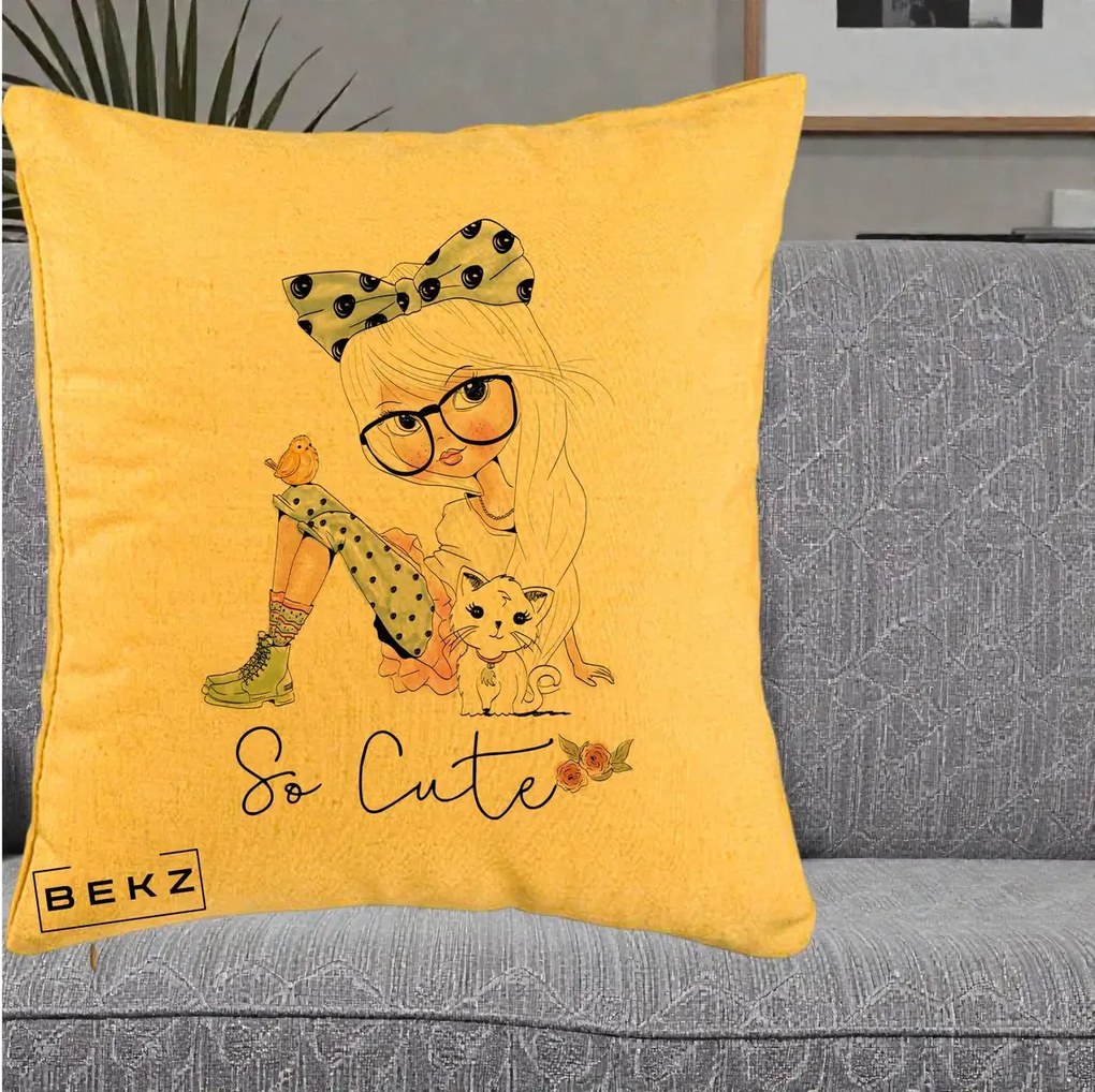 Perna Decorativa So Cute Fata Fashion, 40x40 cm, Galben, Husa Detasabila, Perna Inclusa, BEKZ®
