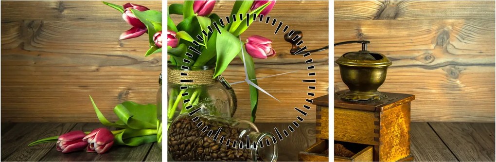 Tablou - lalele, râșniță și cafea (cu ceas) (90x30 cm)