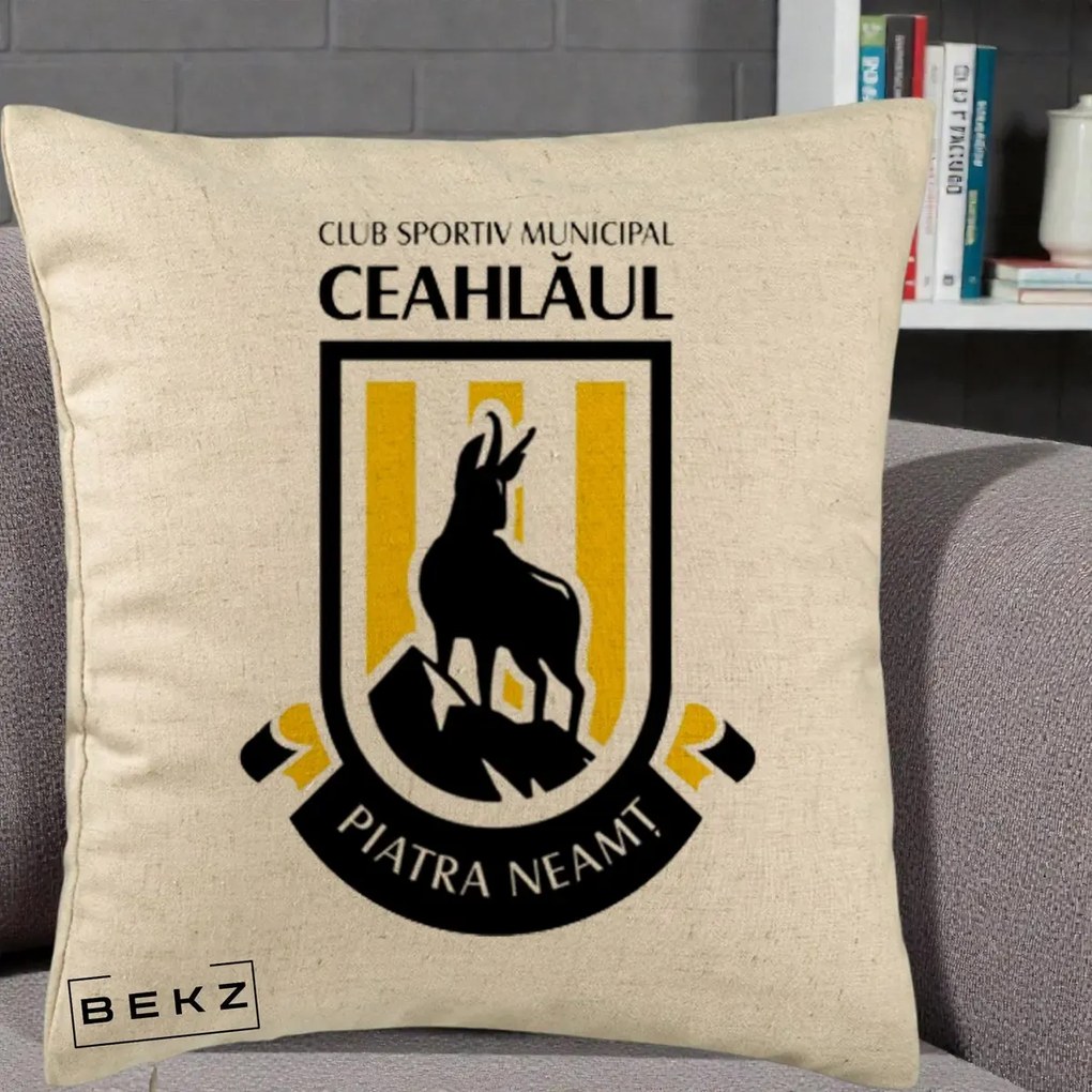Perna Personalizata CSM Ceahlaul Piatra Neamt Fotbal, 40x40 cm, Bej, Husa Detasabila, Perna Inclusa, BEKZ®