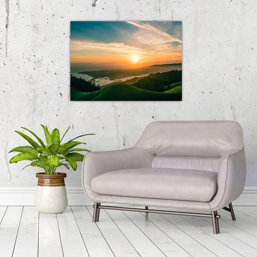 Tablou pe sticlă cu soarele răsărind deasupra mării (70x50 cm)