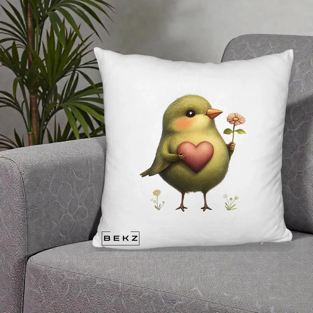 Perna Decorativa Pasare Verde cu Inima si Floare, 40x40 cm, Alb Pufos, Husa Detasabila, Perna Inclusa, BEKZ®