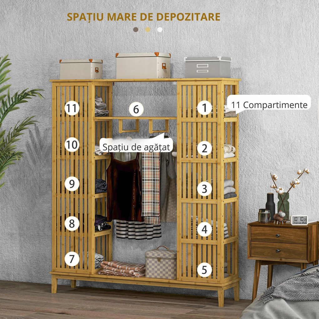 HOMCOM Dulap Deschis din Bambus cu 2 Uși Glisante, Garderobă cu Rafturi și Bară de Haine, 145x35x165 cm, Lemn Natural | Aosom Romania