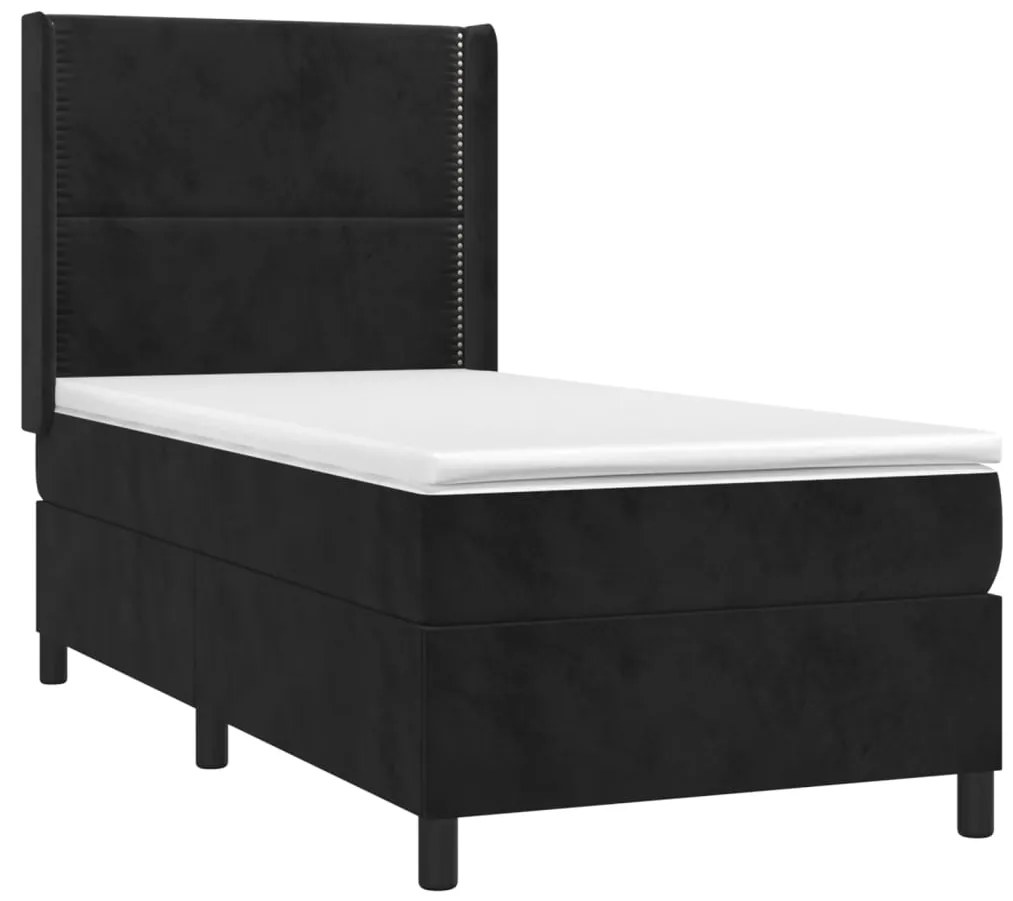 Pat box spring cu saltea, negru, 90x190 cm, catifea Negru, 90 x 190 cm, Culoare unica si cuie de tapiterie