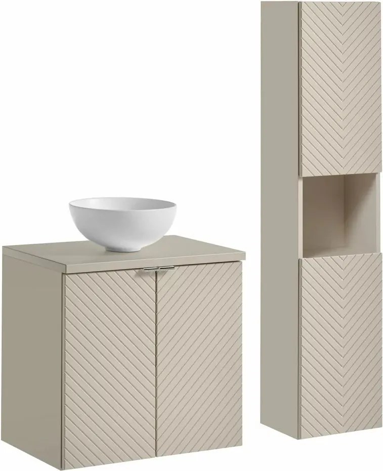 Set dulap baza suspendat 60 cm cu blat, lavoar si dulap coloana Comad Viva bej cașmir mat