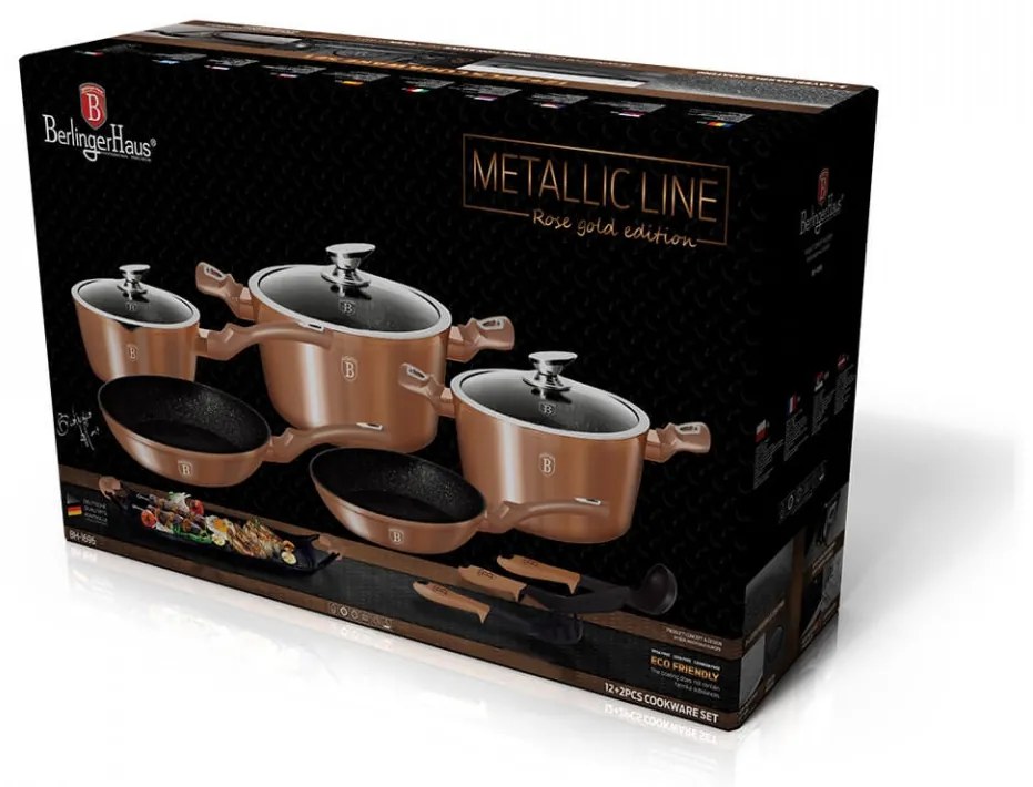 Set oale si tigai marmorate (12 piese) din aluminiu forjat Rose Gold (Cupru) Metalic Line Berlinger Haus BH 1696