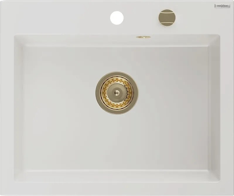 Mexen Elix chiuvetă din granit cu 1 compartiment 600 x 500 mm, albă, sifon auriu - 6525601005-20-G