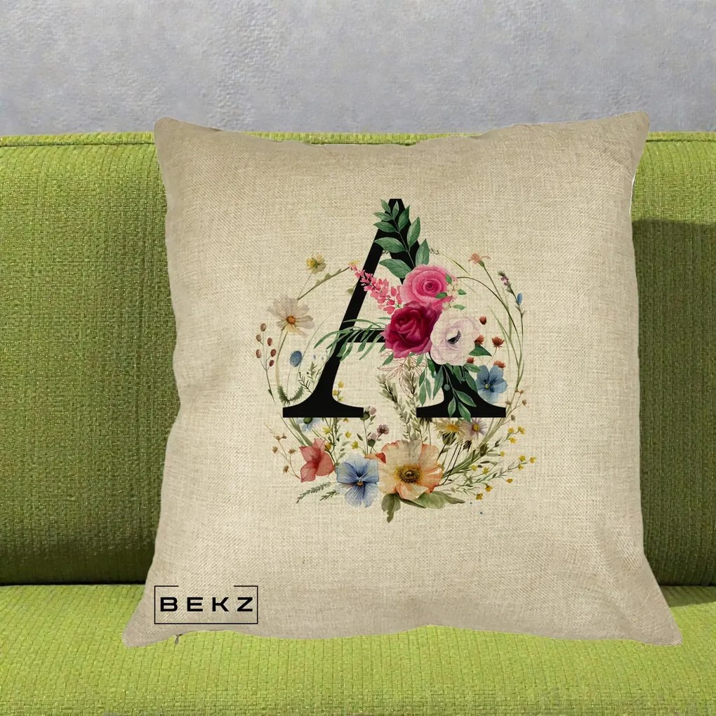 Cadou Personalizat - Perna Personalizata Monogram Litera A cu Flori Acuarela, 40x40 cm, Crem, Husa Detasabila, Perna Inclusa, BEKZ®