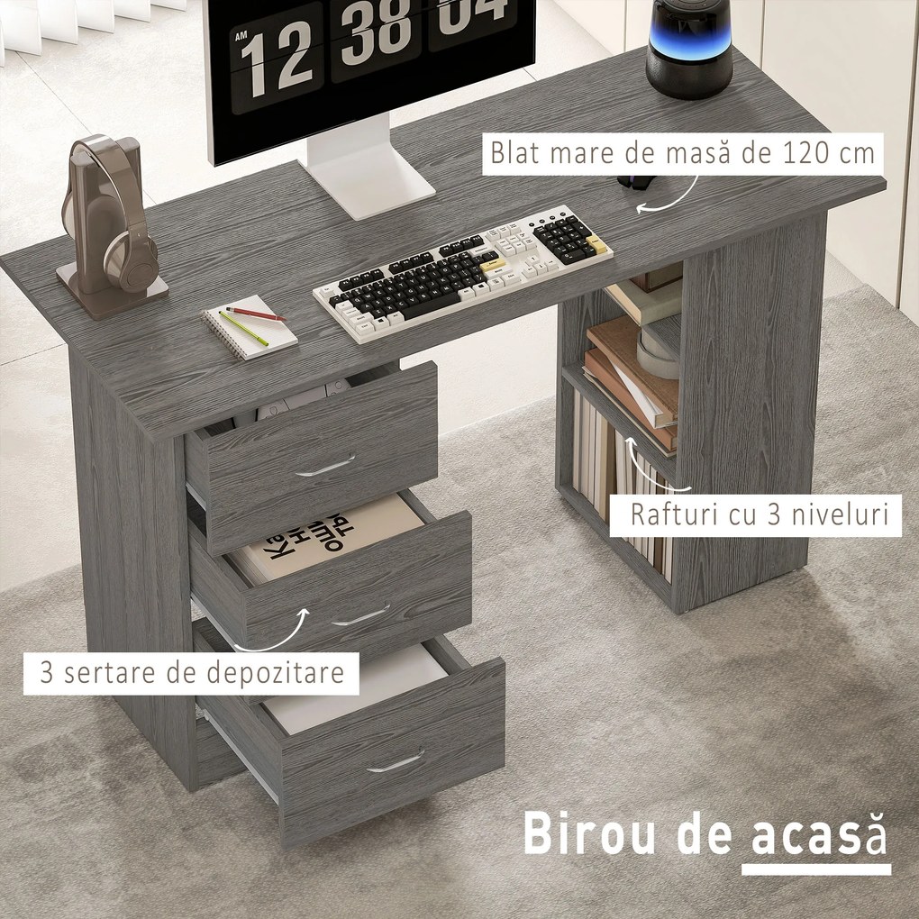 HOMCOM Birou modern cu 3 Sertare si Rafturi in Lemn Alb 120x49x72cm | Aosom Romania
