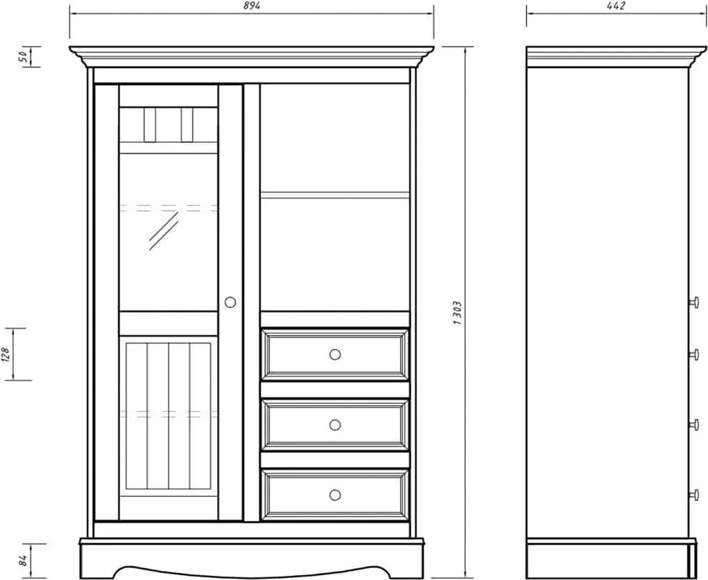 Vitrină lemn masiv nuc Linea Alb-, 90 × 45 × 130 cm