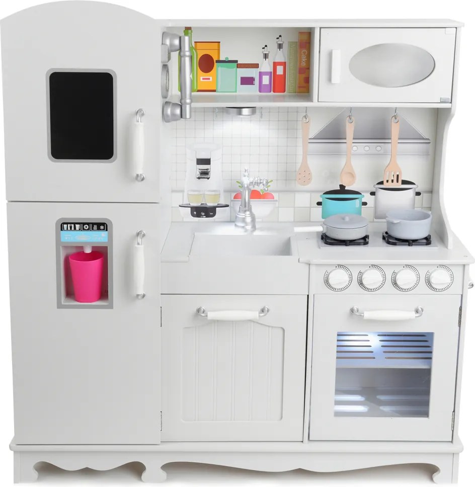Bucătărie de jucărie din lemn pentru copii cu iluminare LED, accesorii și efecte sonore