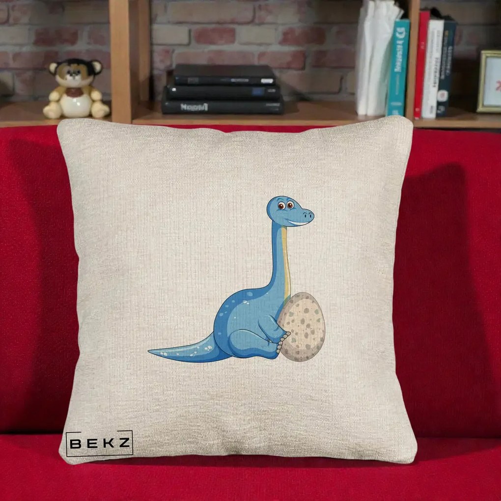 Perna Decorativa Brontosaur cu Ou, 40x40 cm, Bej Canapea, Husa Detasabila, Perna Inclusa, BEKZ®