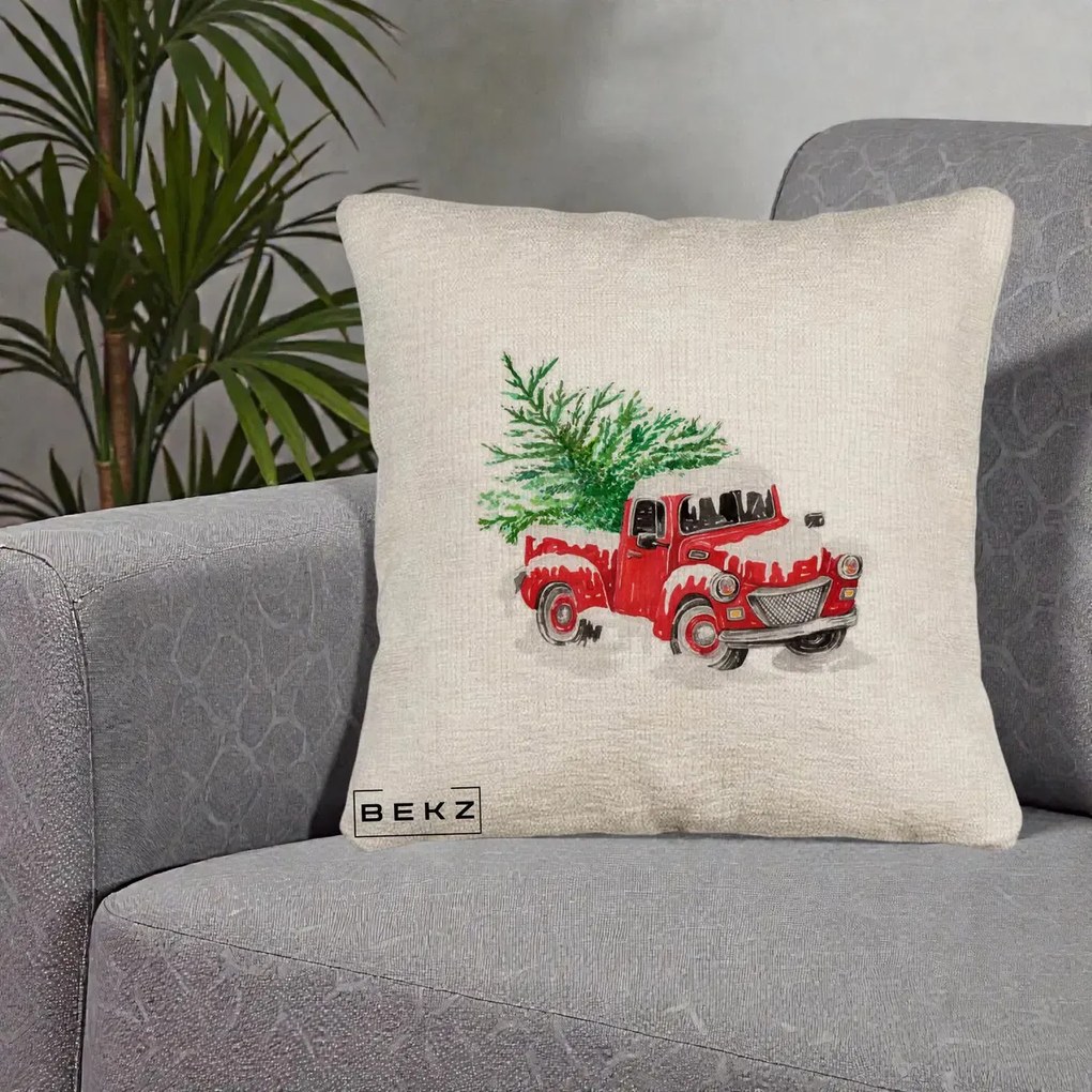 Perna Decorativa Camioneta Rosie Brad de Craciun, 40x40 cm, Bej Canapea, Husa Detasabila, Perna Inclusa, BEKZ®