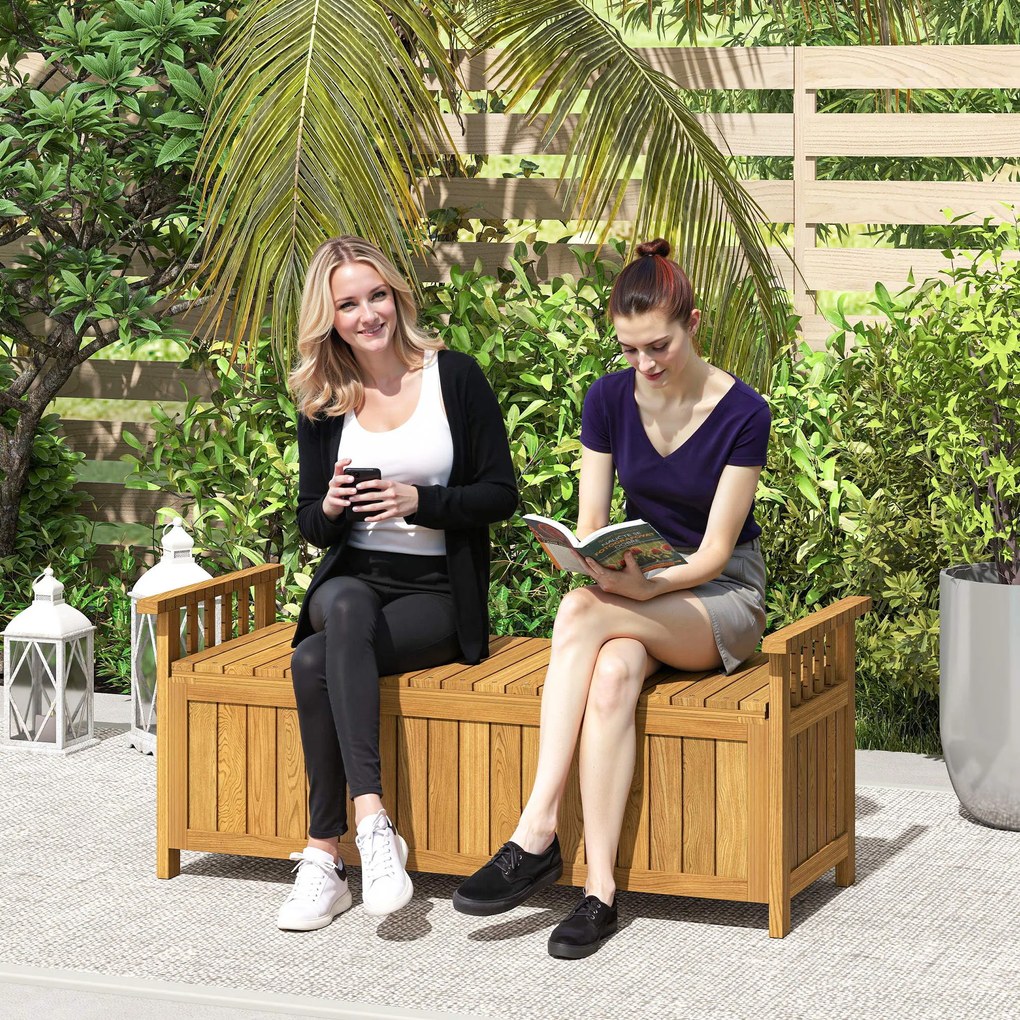 Outsunny Banca de grădină pentru 2 persoane din lemn, cu depozitare de 186L, banca de exterior cu brațe, 128,5 x 56 x 53,5 cm, maro | Aosom Romania