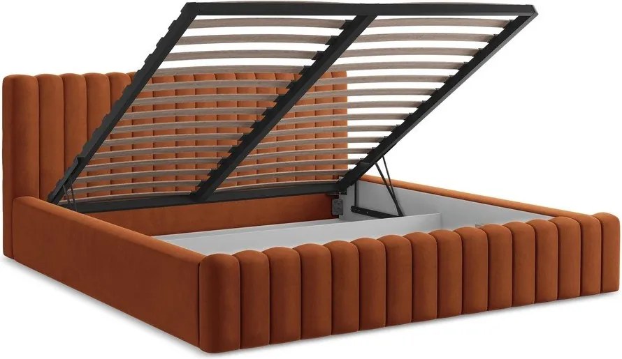 Pat matrimonial teracotă tapițat cu spațiu de depozitare cu somieră 140x200 cm Lemi – Makamii