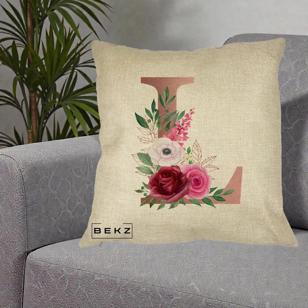 Cadou Personalizat - Perna Personalizata Monograma Rose Gold Litera L, 40x40 cm, Crem, Husa Detasabila, Perna Inclusa, BEKZ®