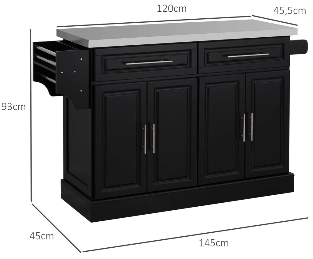HOMCOM Insulă de bucătărie pe roți Blat din oțel inoxidabil Sertare Rafturi reglabile Suport pentru condimente Suport prosoape 145x45x93 cm Negru | Aosom Romania