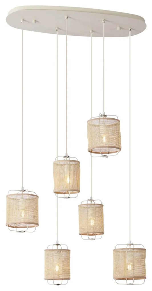 Lampă suspendată Japandi bej cu abajururi din material textil cu 6 lumini - Yente