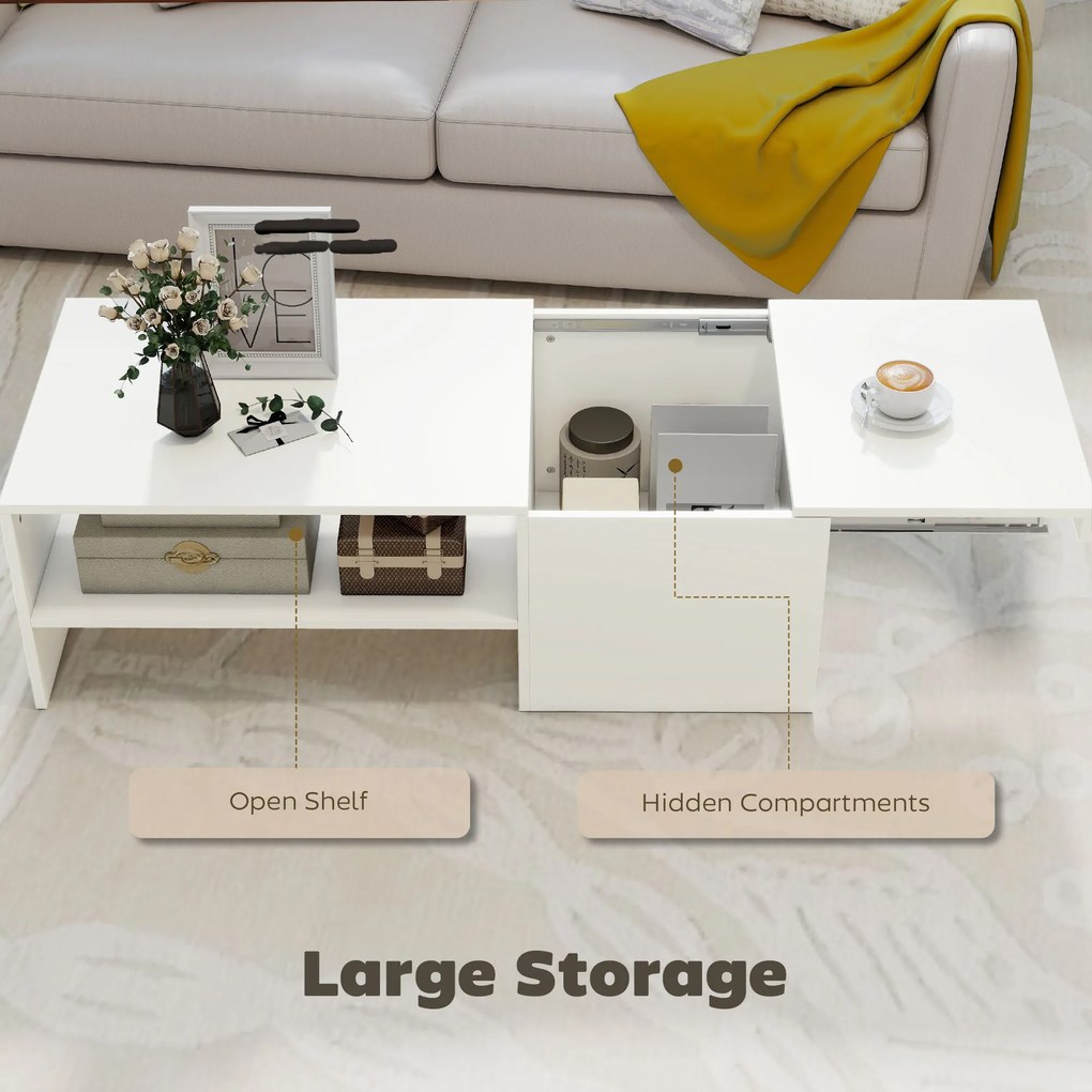 HOMCOM Măsuță de Cafea din Lemn cu Blat Glisant și Raft Deschis și Ascuns, 110x52x36 cm, Alb | Aosom Romania