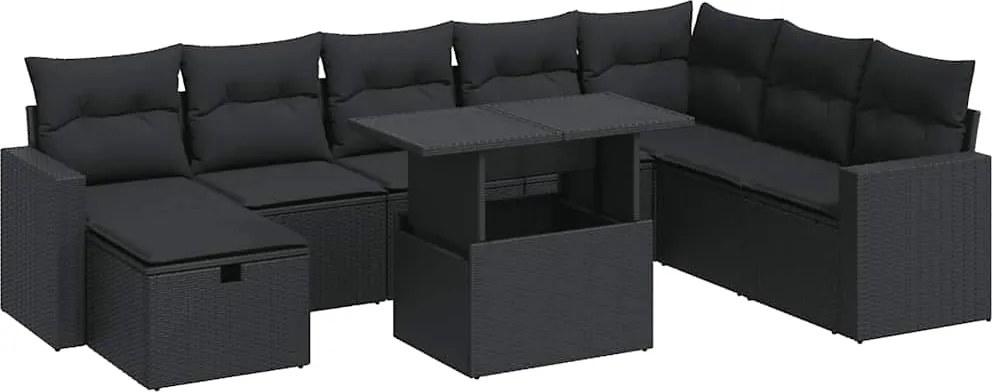 vidaXL Set mobilier de grădină cu perne, 9 piese, negru, poliratan