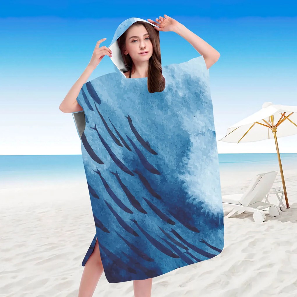 Poncho prosop de plaja WHALES albastru 80x145 cm
