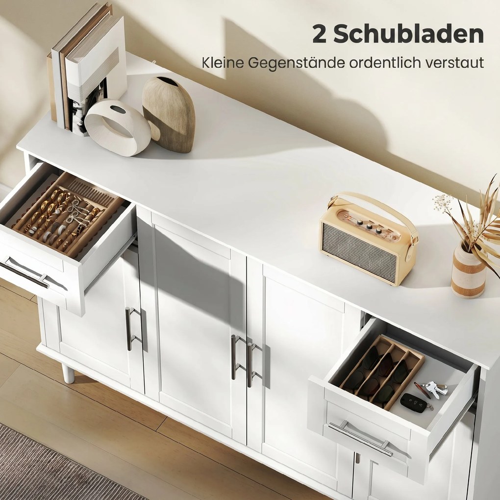 HOMCOM Mobilier de Sufragerie, Credență cu 2 Sertare și 3 Dulapuri cu Rafturi Reglabile, Comodă cu Picioare din Pin pentru Sala de Mese și Bucătărie, 120x38x86 cm, Alb | Aosom Romania