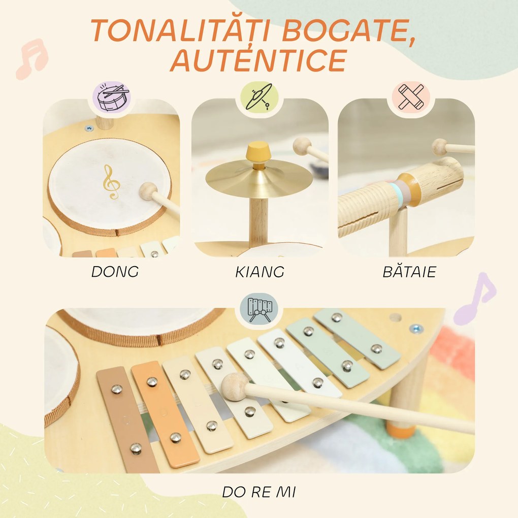 AIYAPLAY Set de Instrumente Muzicale pentru Copii de la 2+ Ani cu Tobe și Xilofon, Culoare Naturală | Aosom Romania
