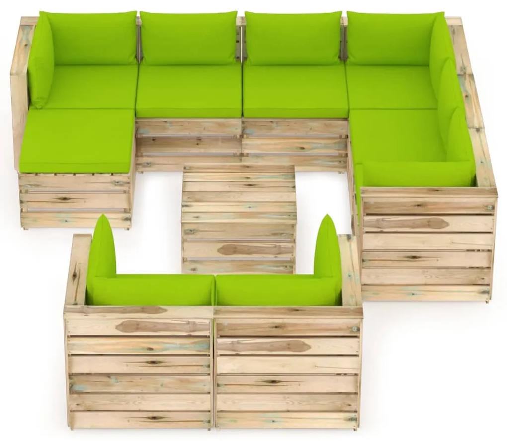 Set mobilier de gradina cu perne, 10 piese, lemn verde tratat bright green and brown, 10
