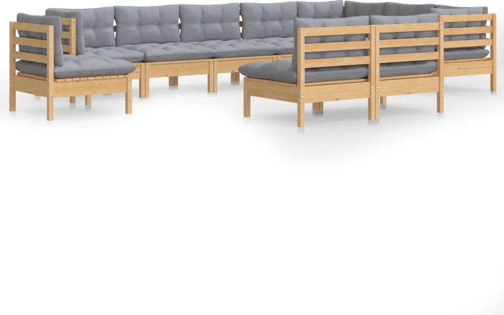vidaXL Set mobilier grădină cu perne, 10 piese, gri, lemn masiv pin