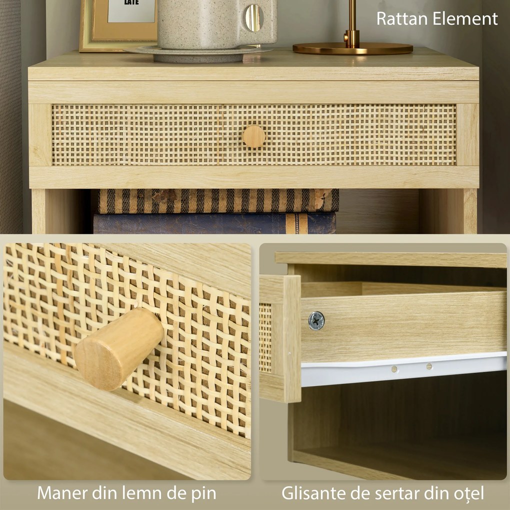 HOMCOM Set de 2 Noptiere Plutitoare, Noptiere cu Sertar din Ratan și Raft Deschis pentru Dormitor, 40x34x23 cm, Lemn Natural | Aosom Romania