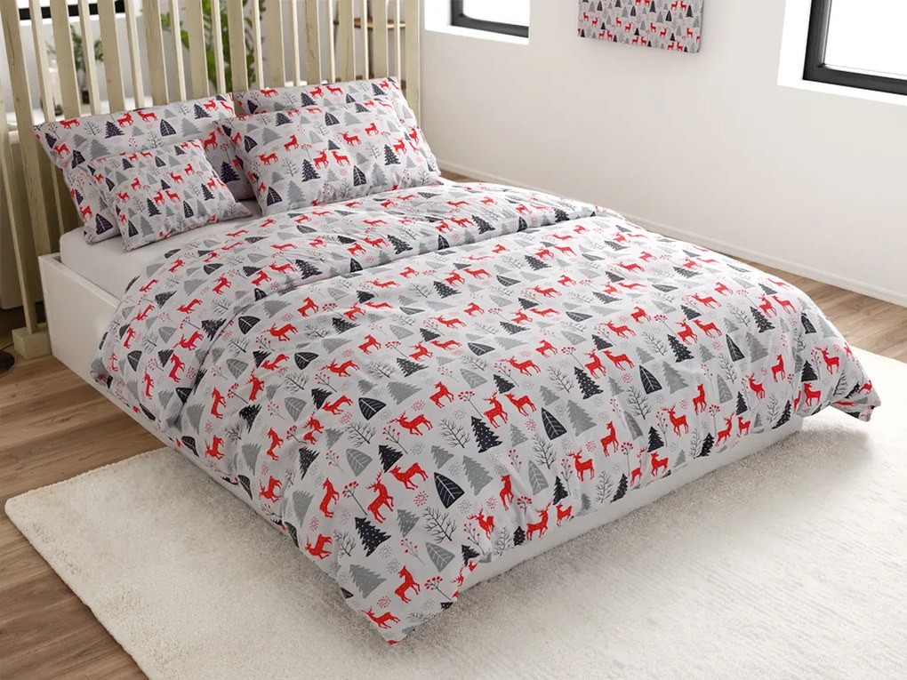 Lenjerie de pat flanelata RED DEERS AND TREES albă Dimensiune lenjerie de pat: 70 x 90 cm | 140 x 200 cm