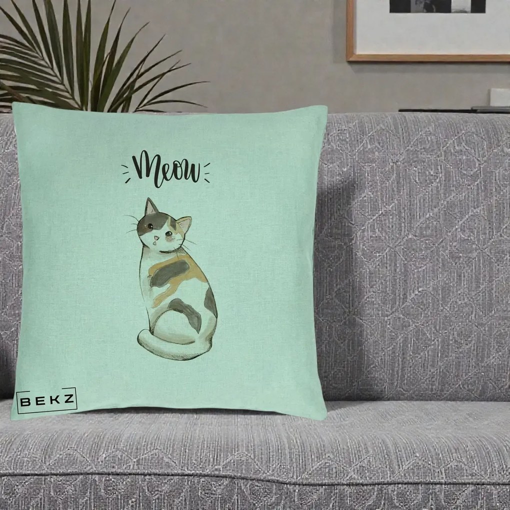 Perna Personalizata Pisica Meow Acuarela, 40x40 cm, Verde Menta, Husa Detasabila, Perna Inclusa, BEKZ®