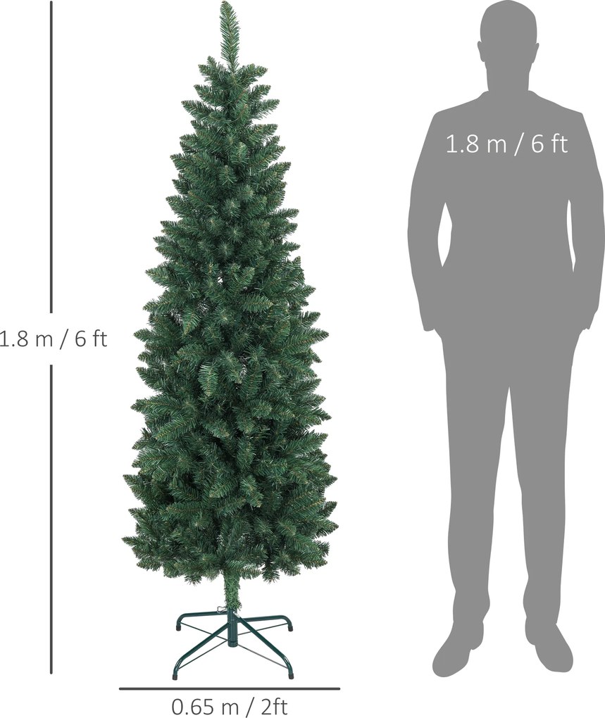 HOMCOM Brad Artificial de Crăciun cu 479 Ramuri, Brad de Crăciun Înalt și Îngust cu Bază Pliabilă, Ø65x180 cm, Verde | Aosom Romania