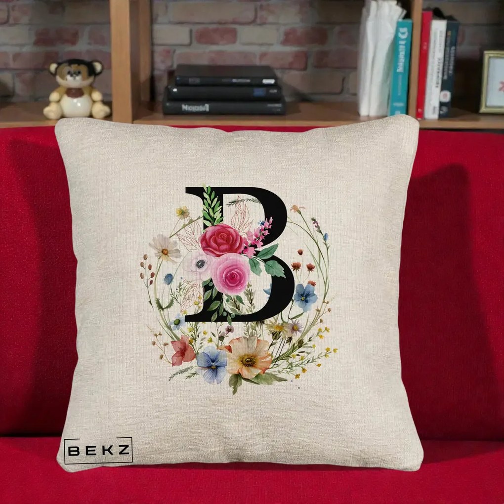 Cadou Personalizat - Perna Personalizata Monogram Litera B cu Flori Acuarela, 40x40 cm, Bej Canapea, Husa Detasabila, Perna Inclusa, BEKZ®