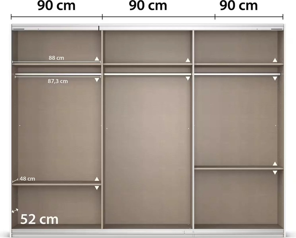 Dressing 271 cm lățime, 3 uși glisante, oglindă pe mijloc, compartimentare premium, 210 cm înălțime