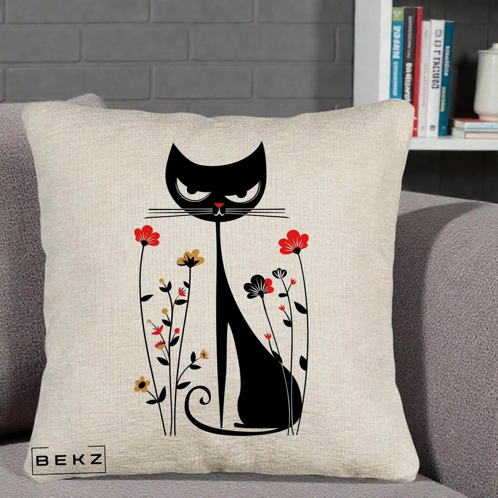 Perna Decorativa Pisica Neagra Grafica Flori Rosii, 40x40 cm, Bej Canapea, Husa Detasabila, Perna Inclusa, BEKZ®