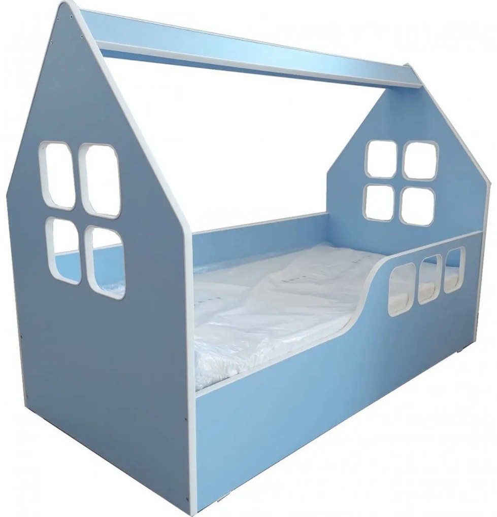 Pat tip casuta pentru copii NOVOKIDS™ Magic Blue House, 160x80 CM, Pal 18 mm, Margini anti-lovire, Protectie Laterala cu montare universala, Albastru
