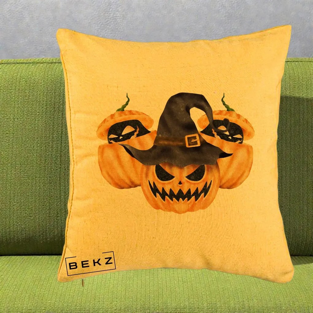 Perna Decorativa Trio Dovleci Jack-o-Lantern cu Palarie Vrajitoare, 40x40 cm, Galben, Husa Detasabila, Perna Inclusa, BEKZ®