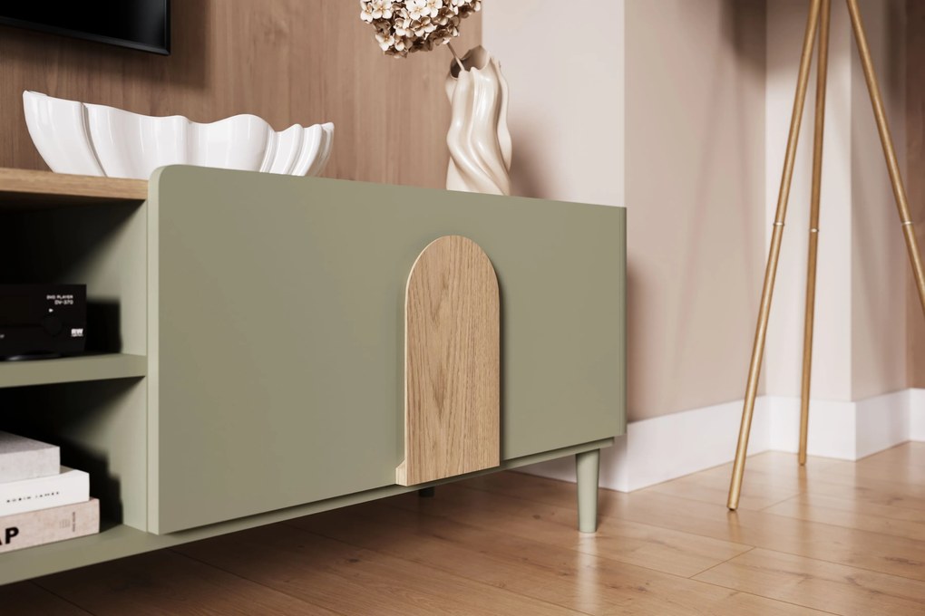 Comodă TV Amilio 170 cm pe picioare - eucalipt / stejar baltic dune / mânere stejar natural