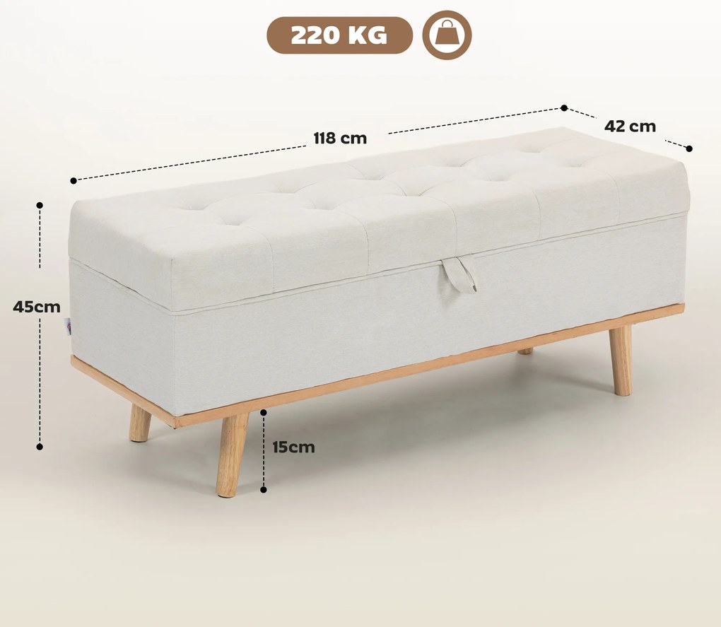 HOMCOM Taburet depozitare 80L, material textil, picioare lemn, 118x42x45 cm, crem | Aosom Romania