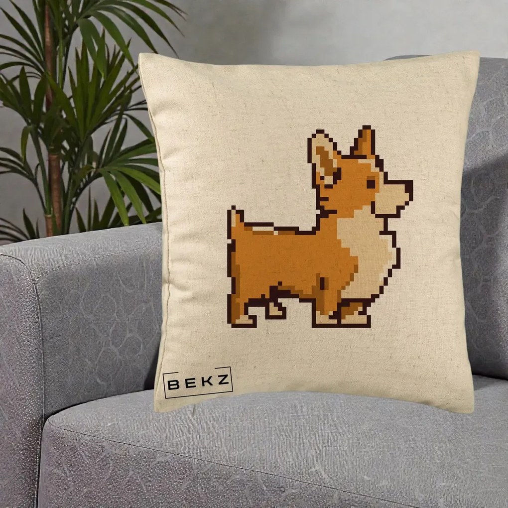 Perna Personalizata Corgi Pixel Art, 40x40 cm, Bej, Husa Detasabila, Perna Inclusa, BEKZ®