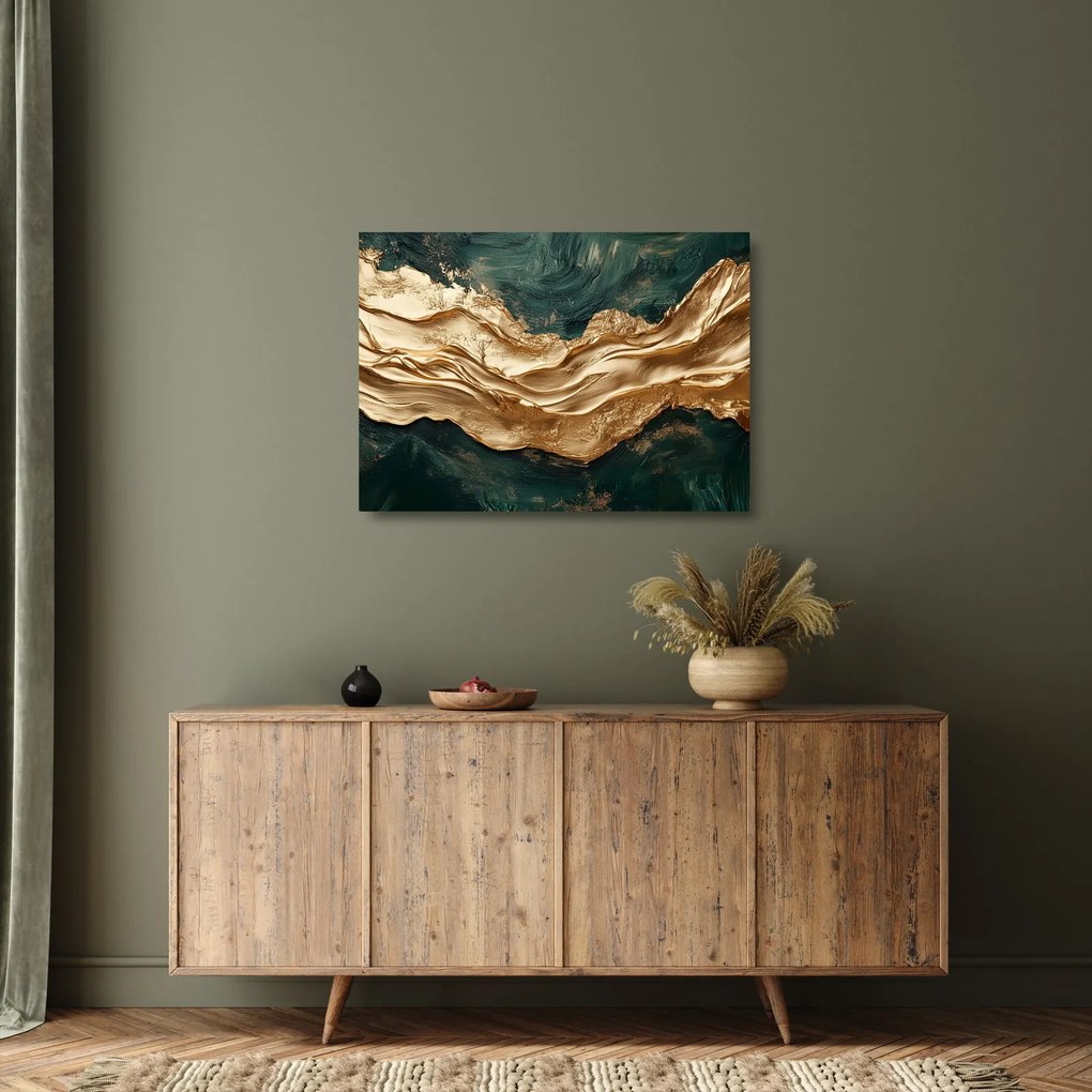 Tablou pe sticlă - Abstracție verde cu auriu II. (70x50 cm)