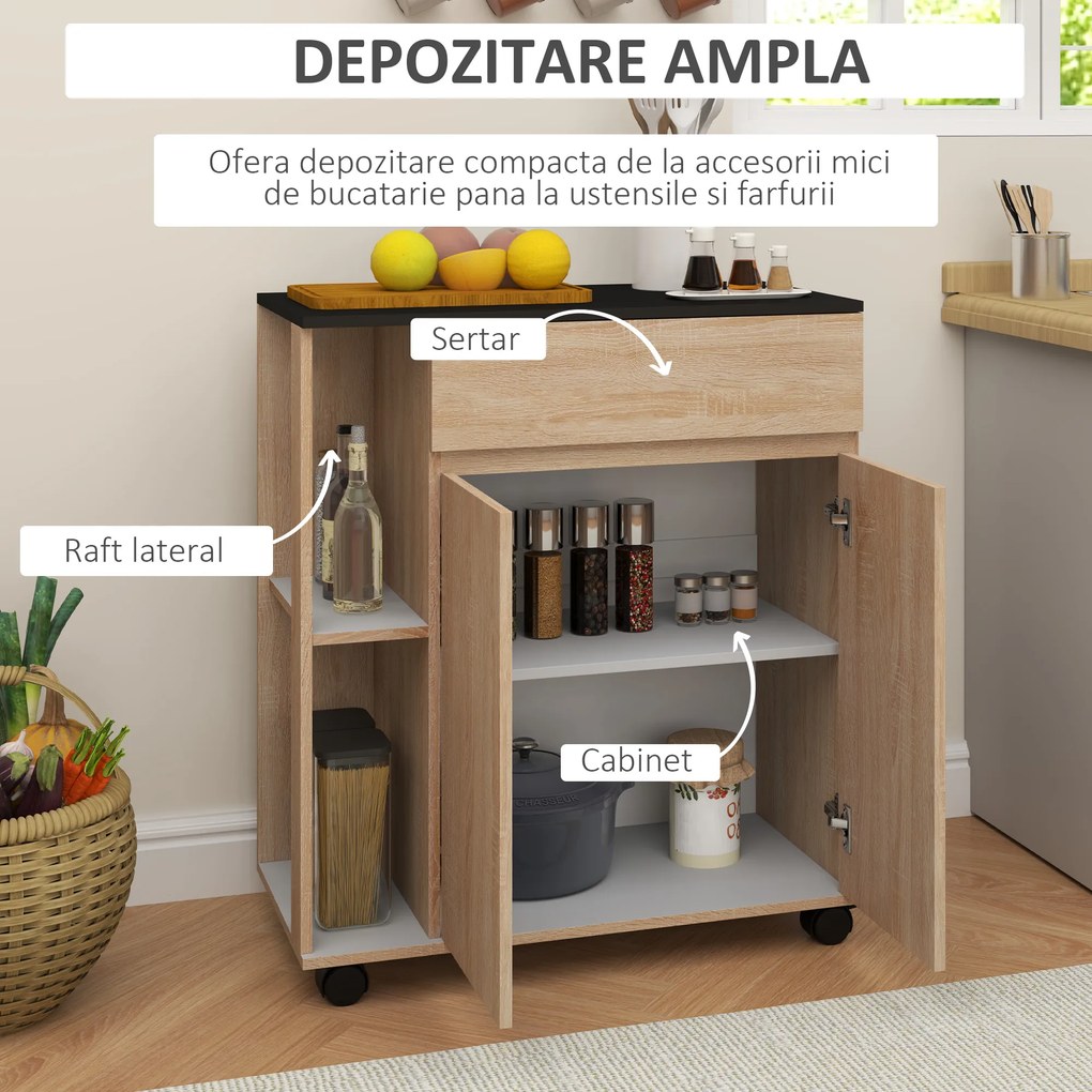 HOMCOM Dulapior de Bucătărie cu Sertare și Roți, Mobilier din Lemn, 78x39.5x88.5 cm, Stejar &amp; Negru | Aosom Romania