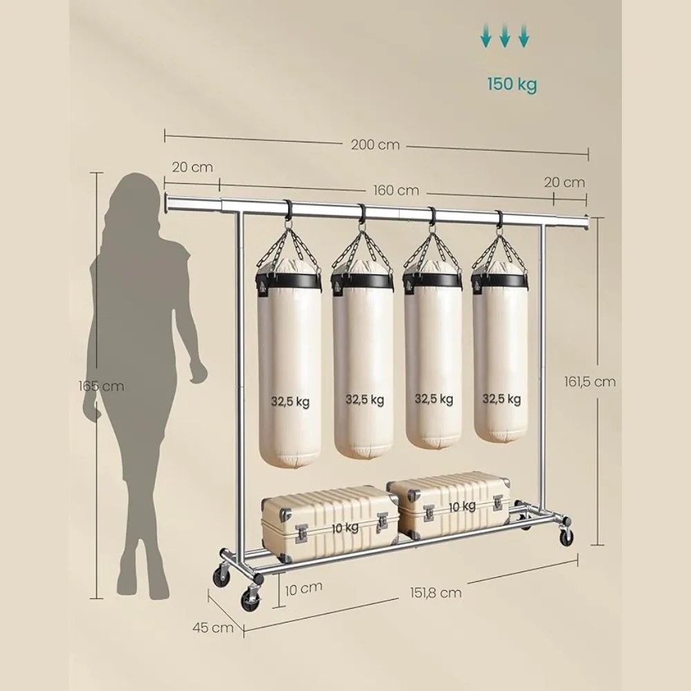 Umeraș pentru haine DOLLY pe roți, max. 150 kg, 45x160-200x161,5cm, argintiu SongmicsHome