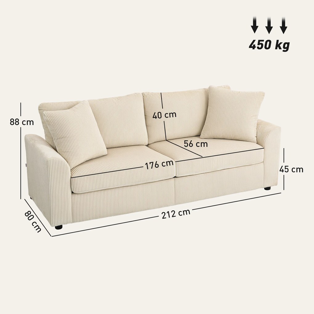 HOMCOM Canapea 3 Locuri din Catifea Reiată cu 2 Perne, 212x80x88 cm, Crem | Aosom Romania