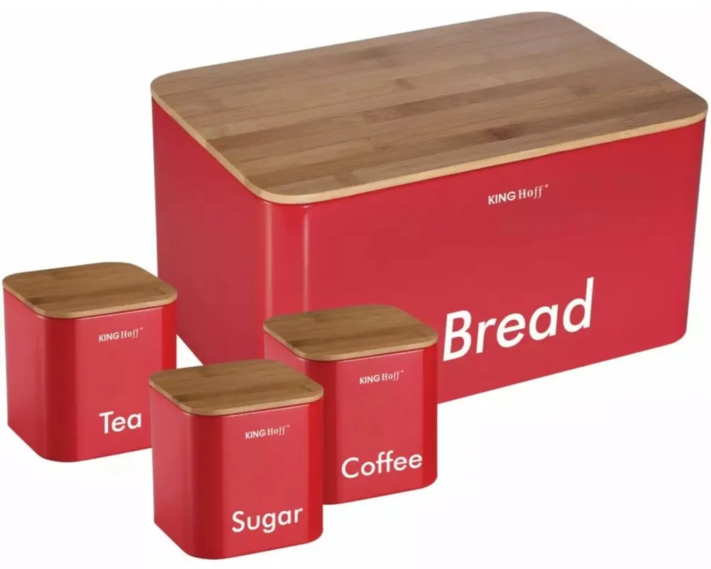 Set cutie de paine rosie cu 3 recipiente otel si capace din bambus Kinghoff KH-1085