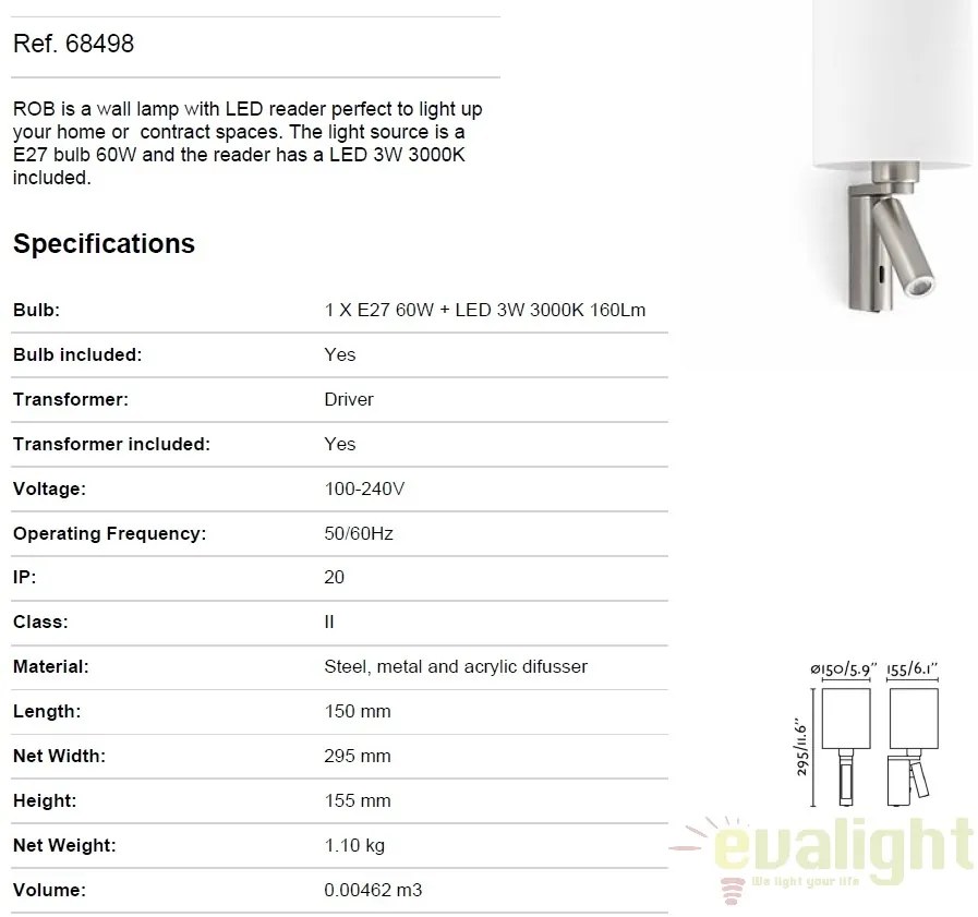 Aplica de perete cu reader LED ROB nickel 68498