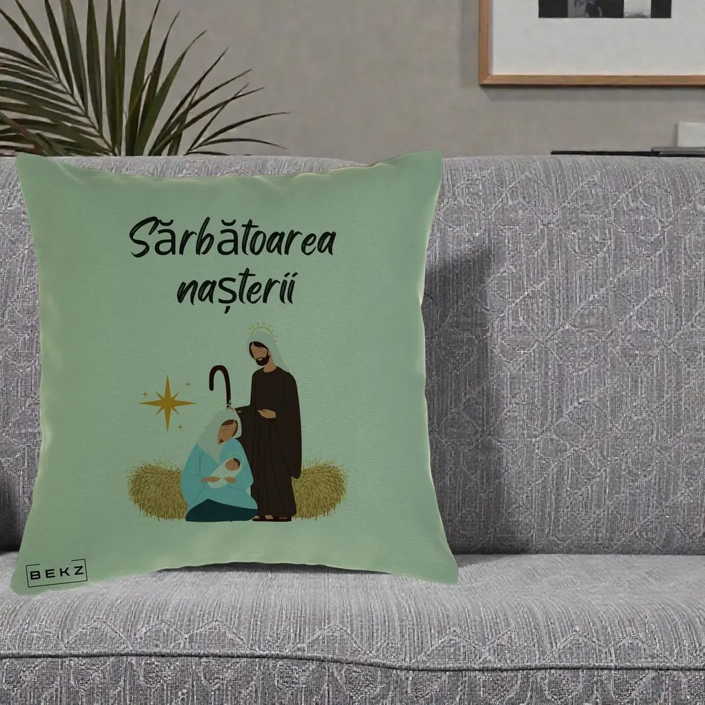 Perna Decorativa Nasterea Domnului Sfanta Familie Sarbatoarea Nasterii, 40x40 cm, Verde, Husa Detasabila, Perna Inclusa, BEKZ®